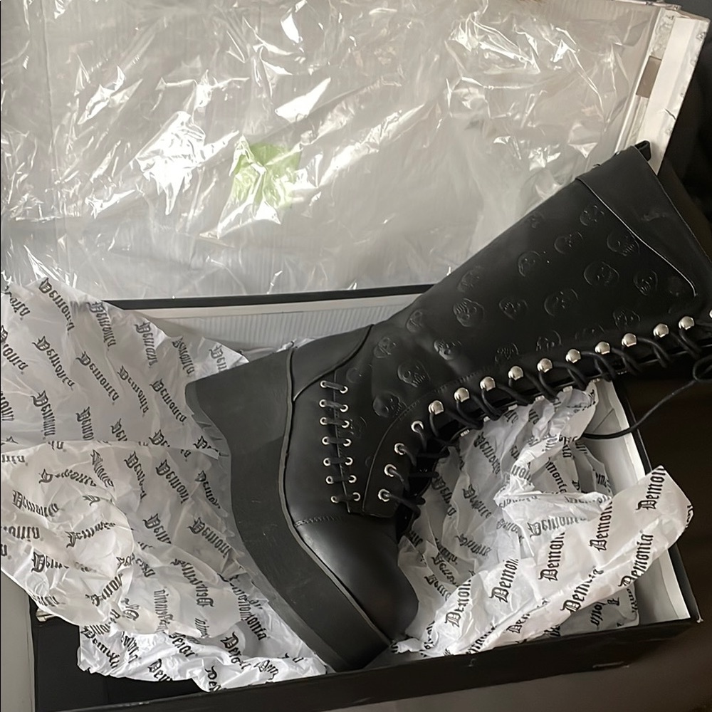Demonia Lace Boots w/ Side Zipper, Platforms and Emboss Skulls SOLD OUT All over